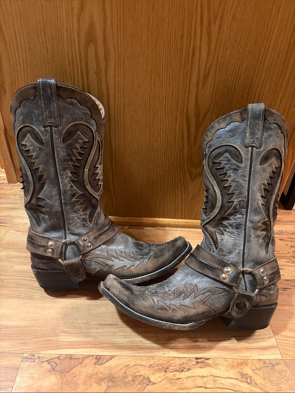 Stetson Crackle Harness 10 D gray leather square rocker toe O ring cowboy boots